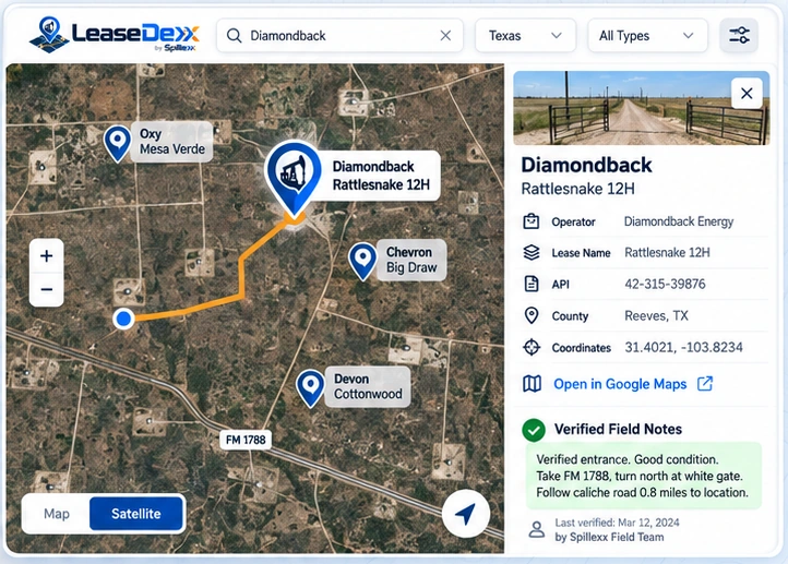 Illustrative LeaseDexx interface: a satellite map with oilfield pins, a highlighted access route, lease information and entrance notes.